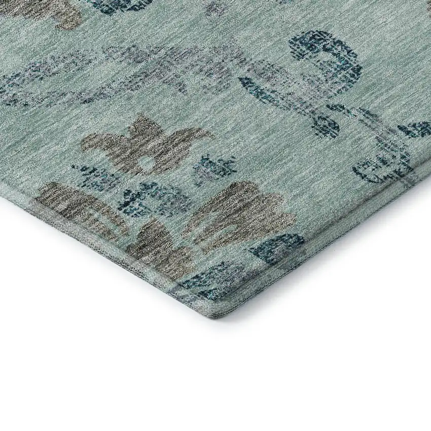 Teal And Gray Floral Washable Area Rug With UV Protection Photo 7