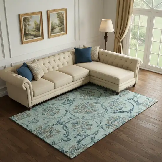 Teal And Gray Floral Washable Area Rug With UV Protection Photo 1