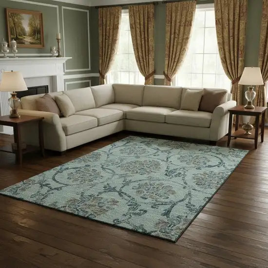 Teal And Gray Floral Washable Area Rug With UV Protection Photo 2