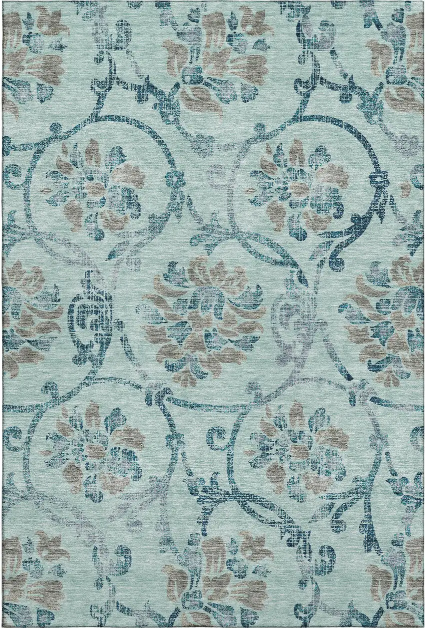 Teal And Gray Floral Washable Area Rug With UV Protection Photo 1
