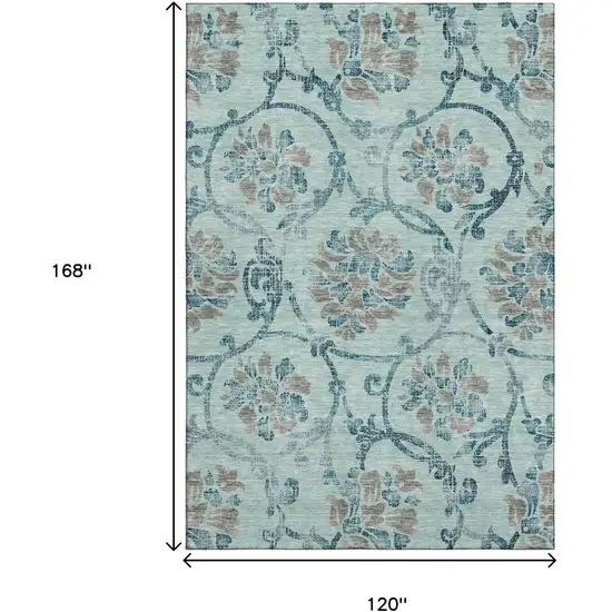 Teal And Gray Floral Washable Area Rug With UV Protection Photo 3