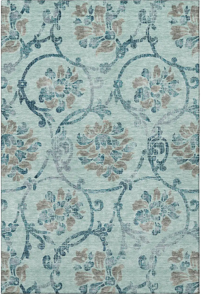 Teal And Gray Floral Washable Area Rug With UV Protection Photo 4