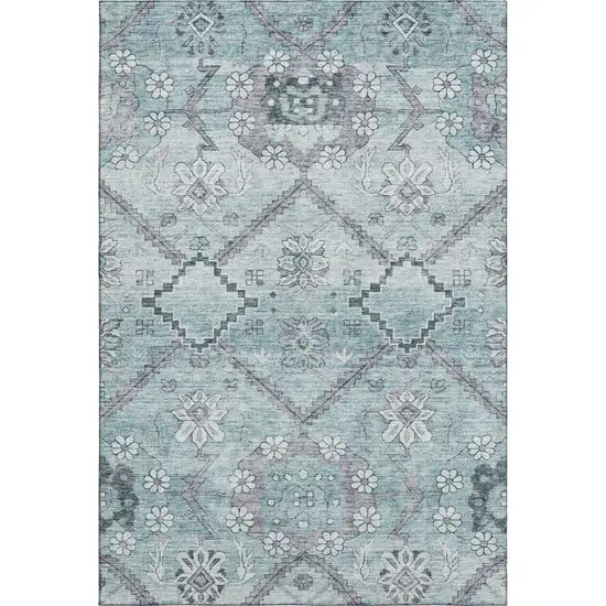 Teal And Gray Floral Washable Area Rug With UV Protection Photo 1