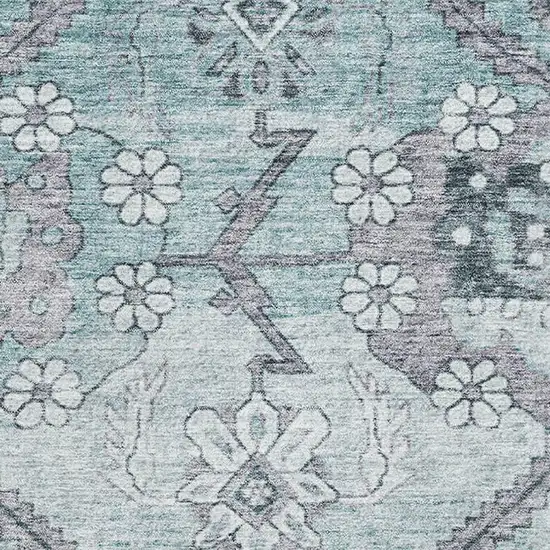 Teal And Gray Floral Washable Area Rug With UV Protection Photo 3
