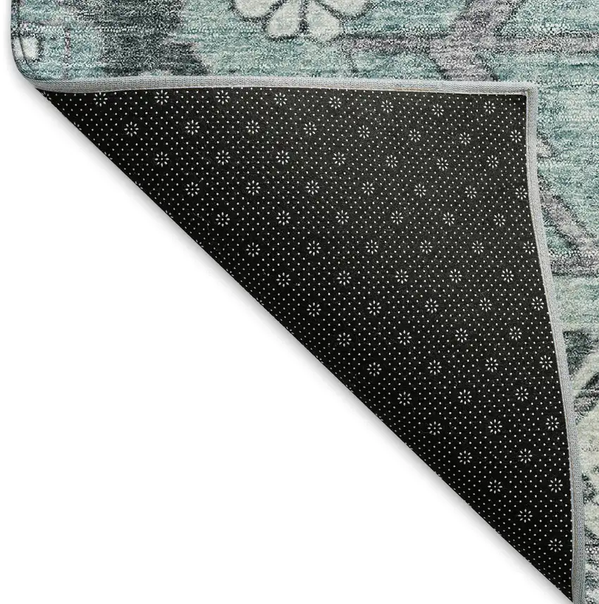 Teal And Gray Floral Washable Area Rug With UV Protection Photo 7
