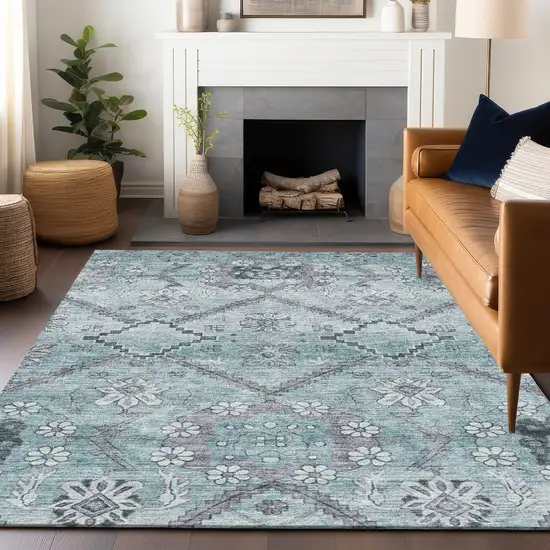 Teal And Gray Floral Washable Area Rug With UV Protection Photo 6