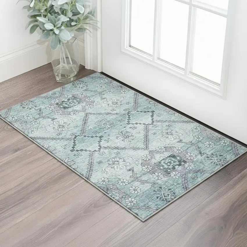 Teal And Gray Floral Washable Area Rug With UV Protection Photo 2