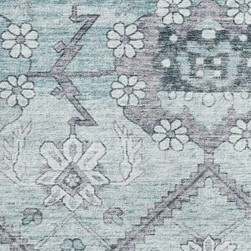 Teal And Gray Floral Washable Area Rug With UV Protection Photo 3