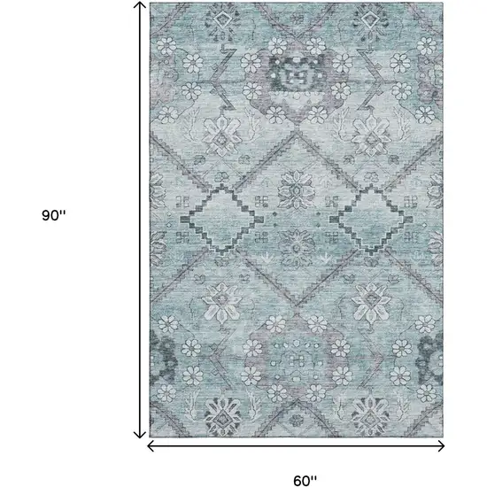 Teal And Gray Floral Washable Area Rug With UV Protection Photo 3
