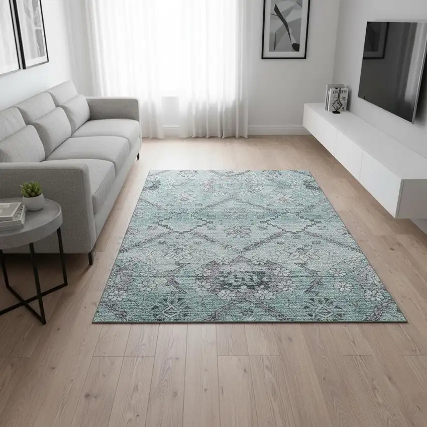Teal And Gray Floral Washable Area Rug With UV Protection Photo 2
