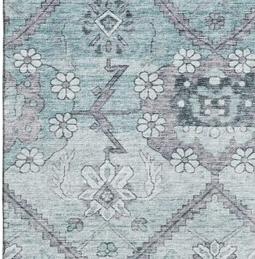 Teal And Gray Floral Washable Area Rug With UV Protection Photo 4