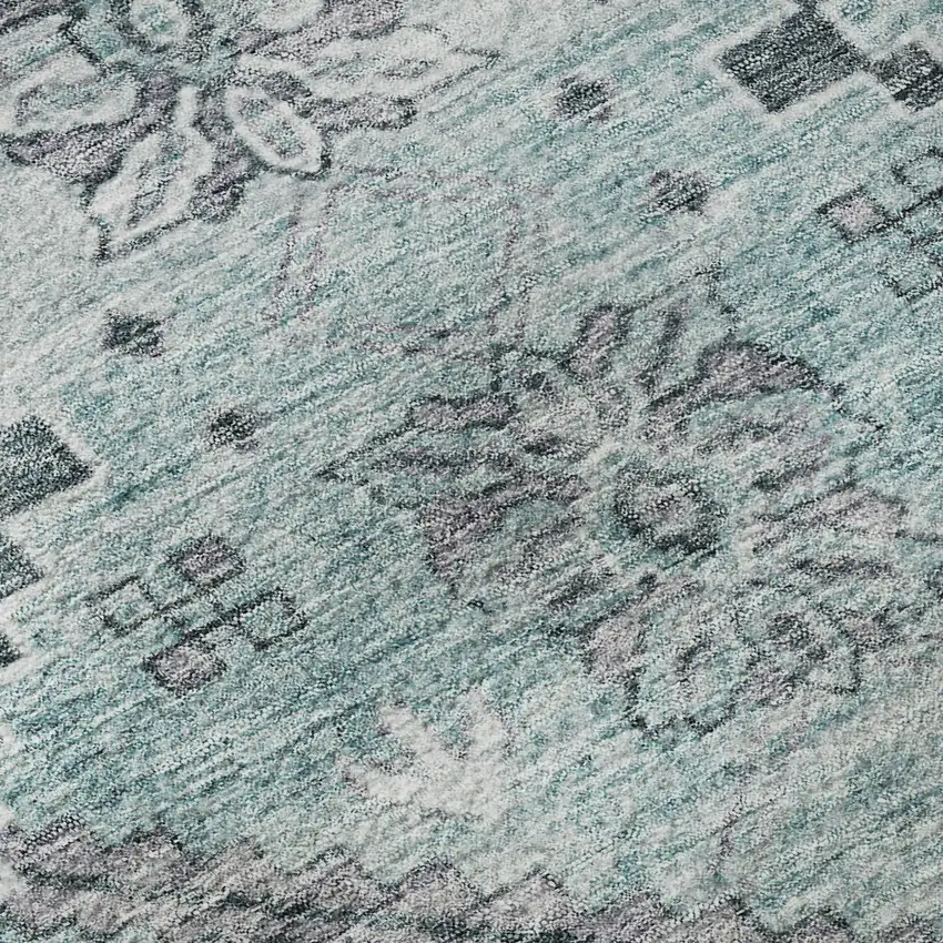 Teal And Gray Floral Washable Area Rug With UV Protection Photo 9