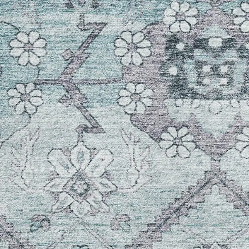 Teal And Gray Floral Washable Area Rug With UV Protection Photo 3