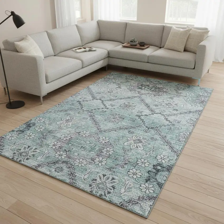Teal And Gray Floral Washable Area Rug With UV Protection Photo 2