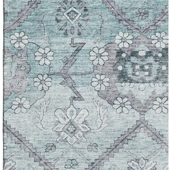 Teal And Gray Floral Washable Area Rug With UV Protection Photo 4