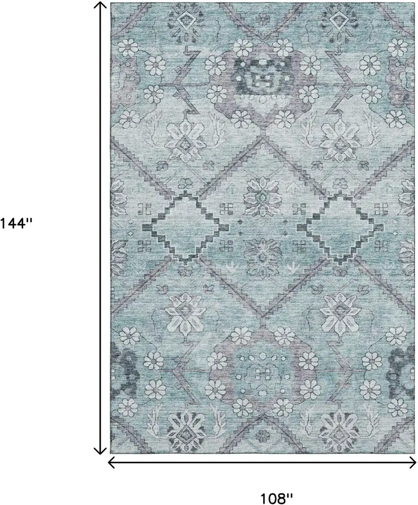 Teal And Gray Floral Washable Area Rug With UV Protection Photo 3