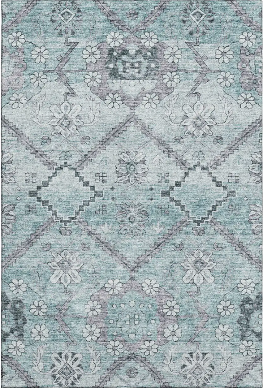 Teal And Gray Floral Washable Area Rug With UV Protection Photo 1