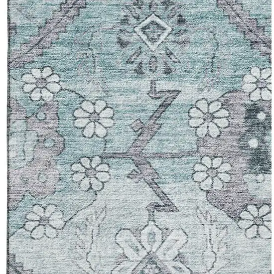 Teal And Gray Floral Washable Area Rug With UV Protection Photo 3