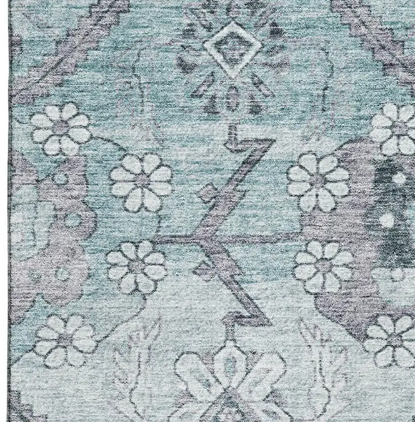 Teal And Gray Floral Washable Area Rug With UV Protection Photo 3
