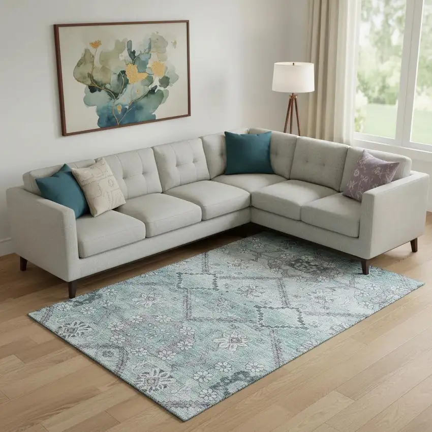 Teal And Gray Floral Washable Area Rug With UV Protection Photo 1