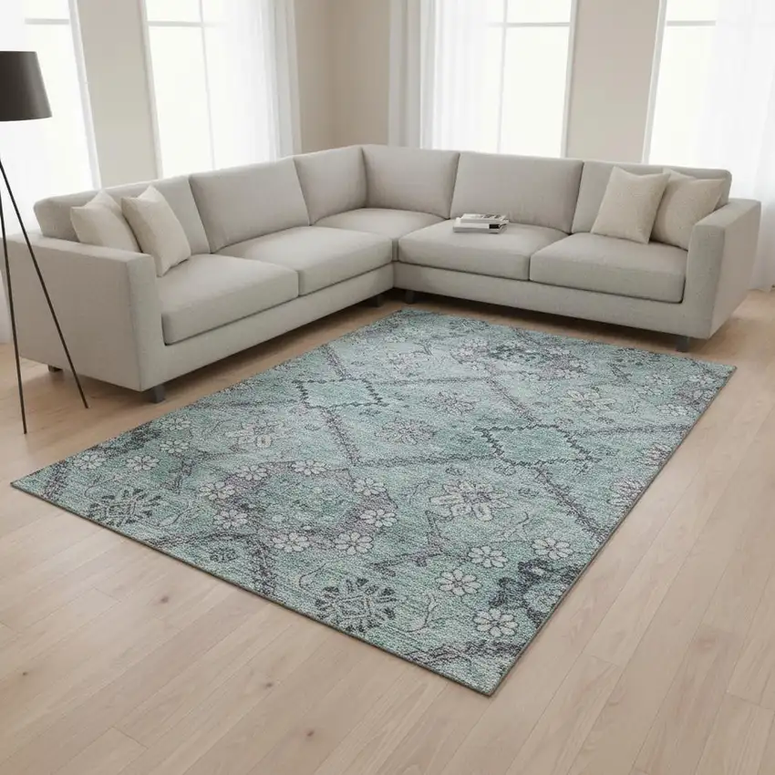 Teal And Gray Floral Washable Area Rug With UV Protection Photo 2