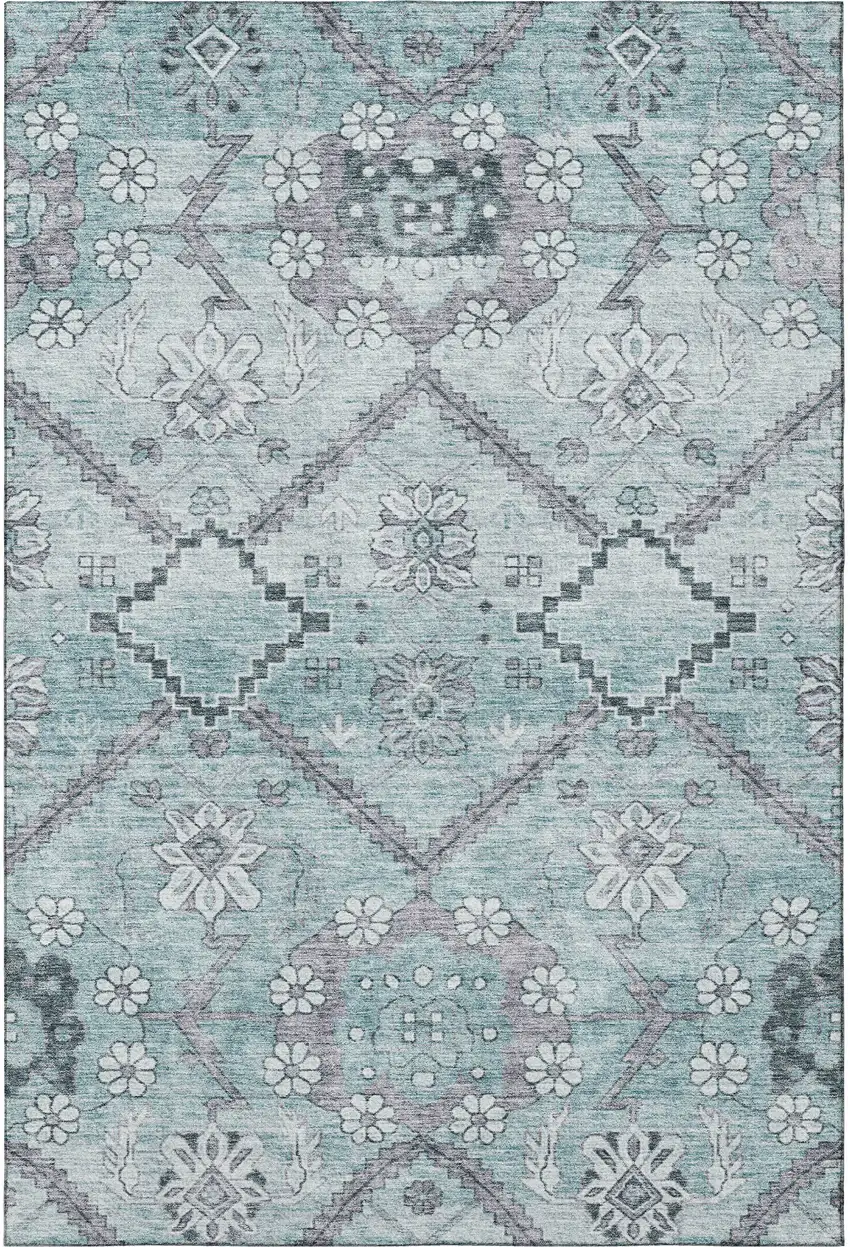 Teal And Gray Floral Washable Area Rug With UV Protection Photo 4