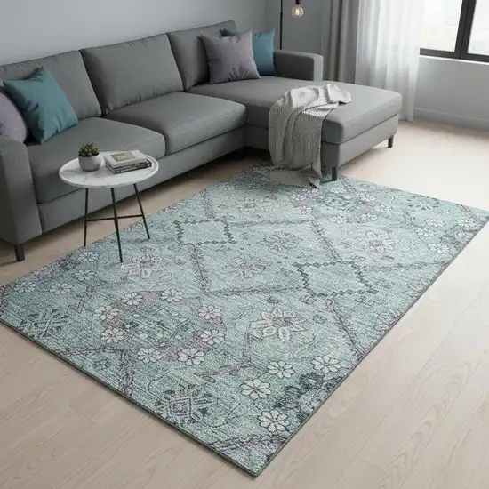 Teal And Gray Floral Washable Area Rug With UV Protection Photo 2