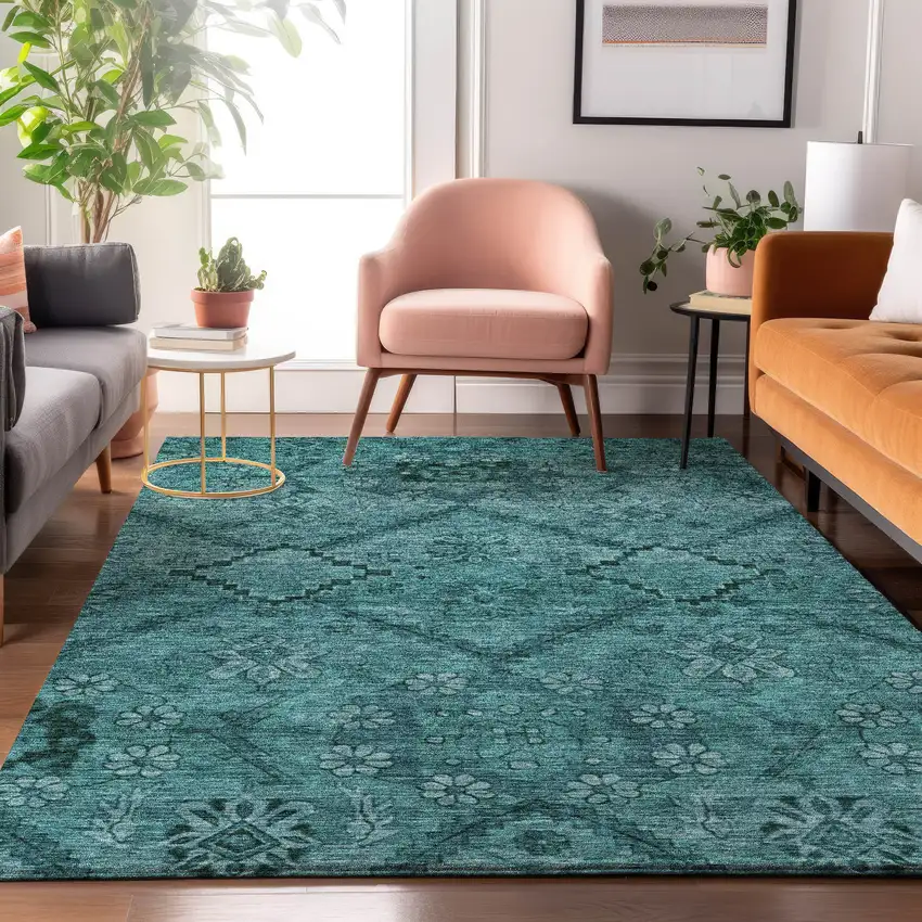 Teal And Gray Floral Washable Area Rug With UV Protection Photo 5