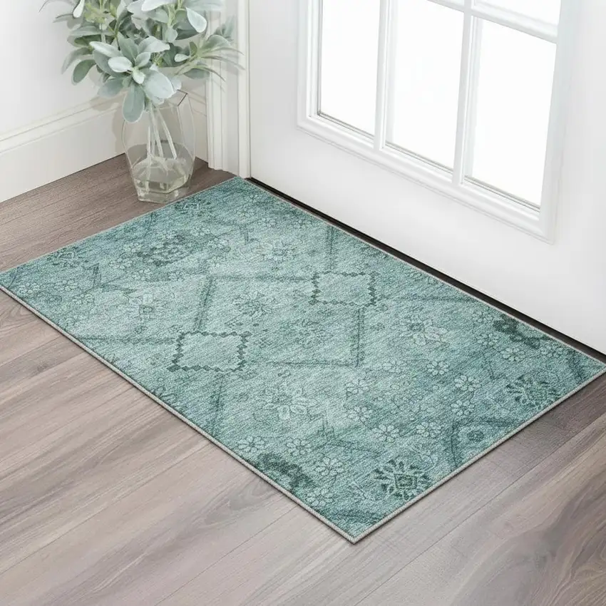 Teal And Gray Floral Washable Area Rug With UV Protection Photo 2