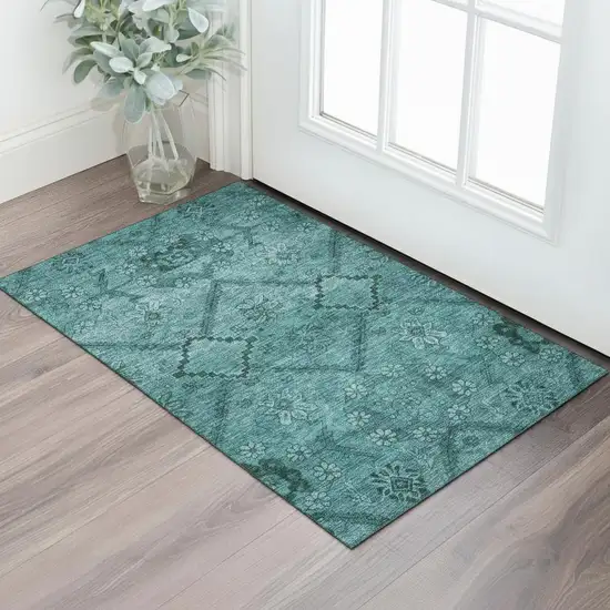 Teal And Gray Floral Washable Area Rug With UV Protection Photo 1