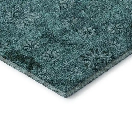 Teal And Gray Floral Washable Area Rug With UV Protection Photo 8