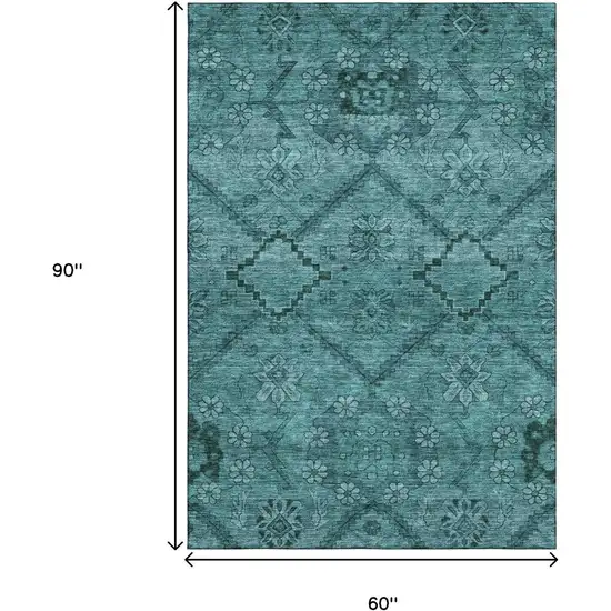 Teal And Gray Floral Washable Area Rug With UV Protection Photo 3