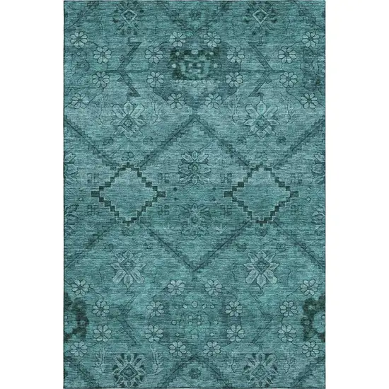 Teal And Gray Floral Washable Area Rug With UV Protection Photo 1