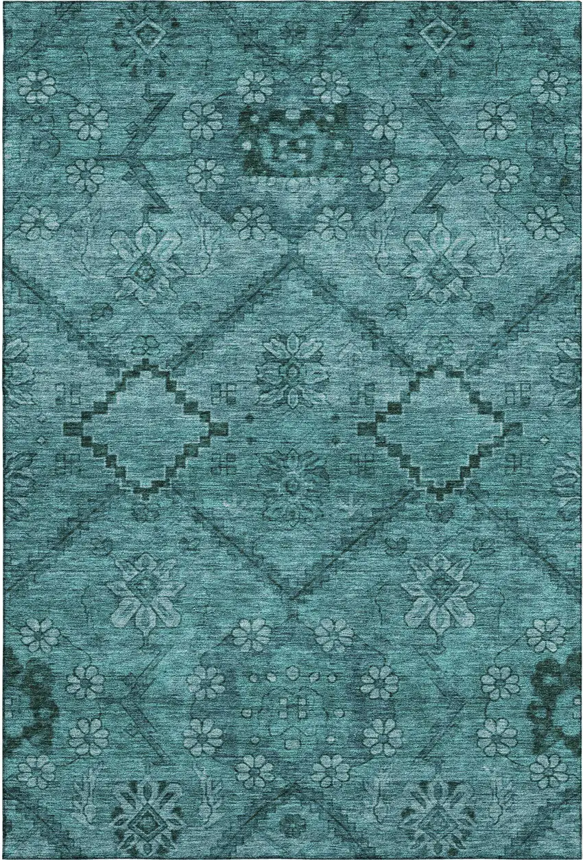 Teal And Gray Floral Washable Area Rug With UV Protection Photo 1