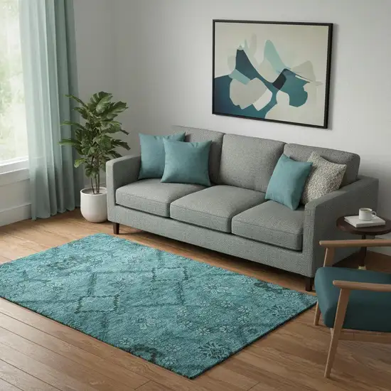 Teal And Gray Floral Washable Area Rug With UV Protection Photo 1