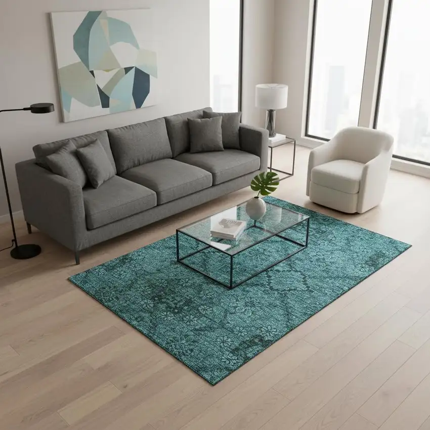 Teal And Gray Floral Washable Area Rug With UV Protection Photo 2