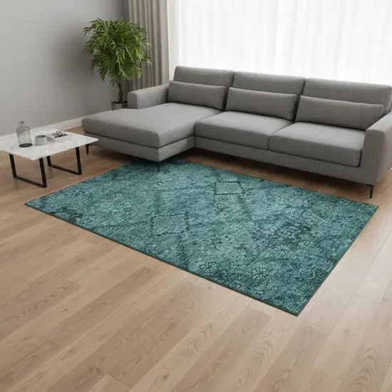 Teal And Gray Floral Washable Area Rug With UV Protection Photo 2