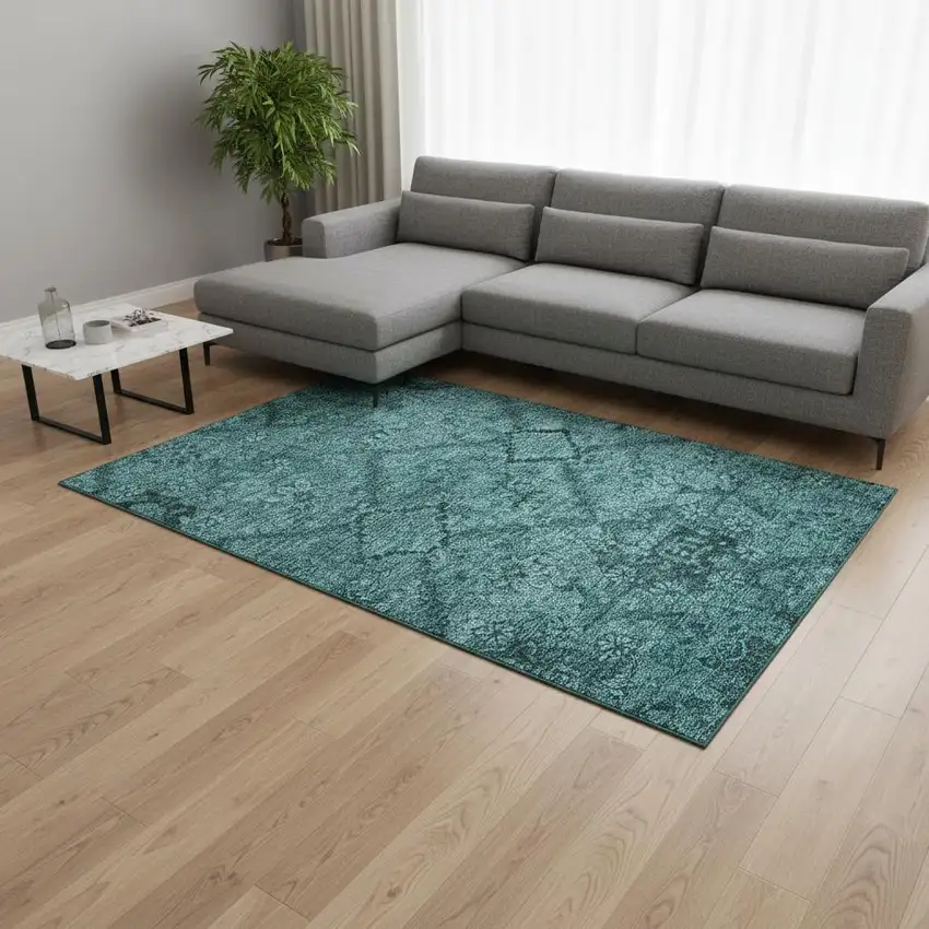 Teal And Gray Floral Washable Area Rug With UV Protection Photo 2