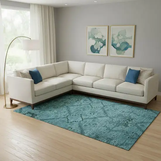 Teal And Gray Floral Washable Area Rug With UV Protection Photo 1