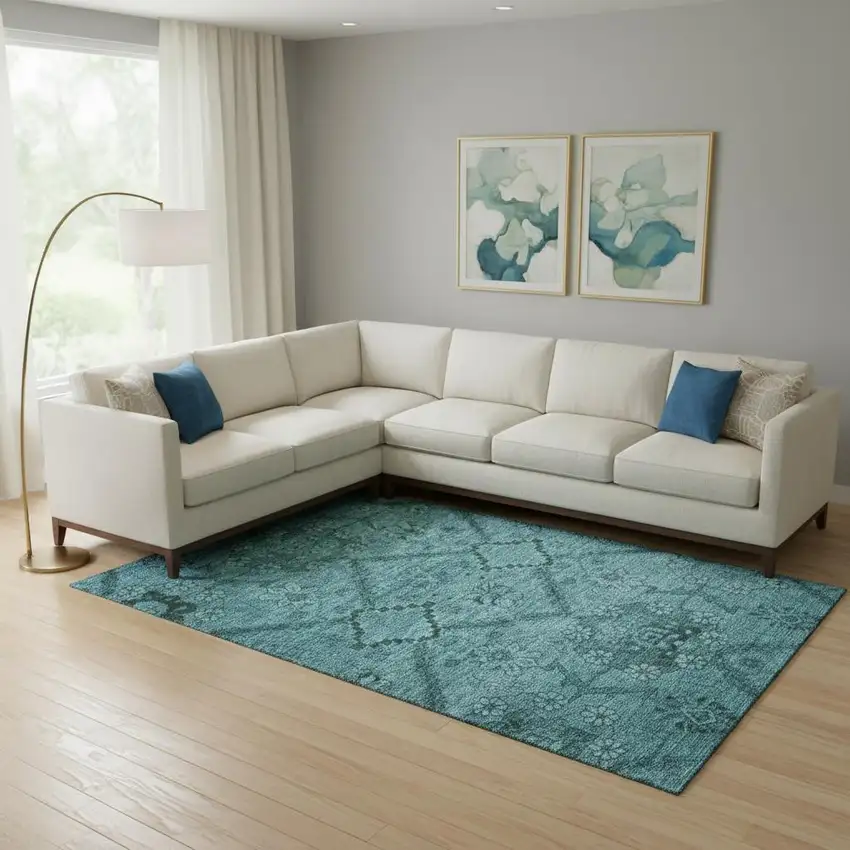Teal And Gray Floral Washable Area Rug With UV Protection Photo 1