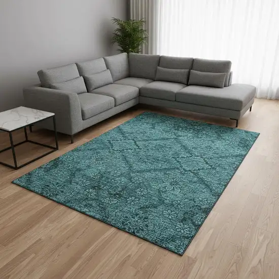Teal And Gray Floral Washable Area Rug With UV Protection Photo 2