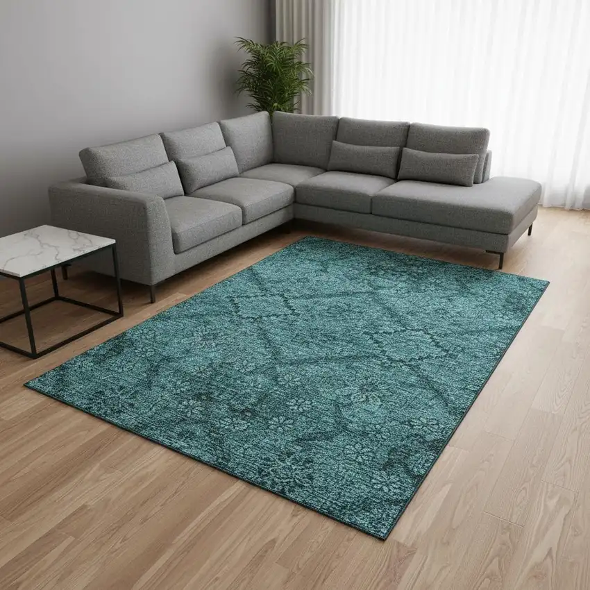 Teal And Gray Floral Washable Area Rug With UV Protection Photo 2