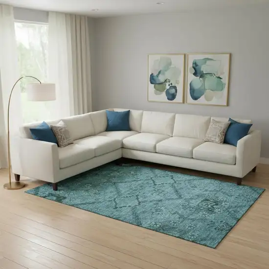 Teal And Gray Floral Washable Area Rug With UV Protection Photo 2