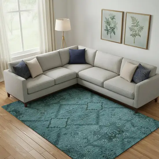 Teal And Gray Floral Washable Area Rug With UV Protection Photo 1
