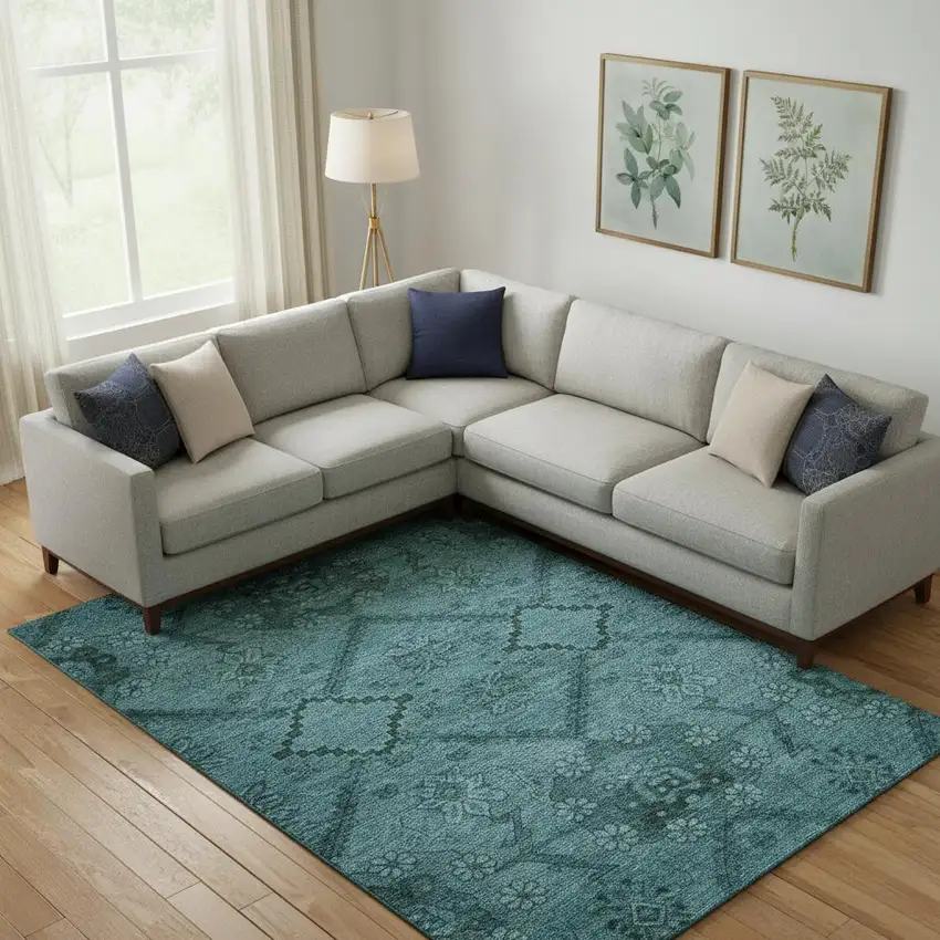 Teal And Gray Floral Washable Area Rug With UV Protection Photo 1