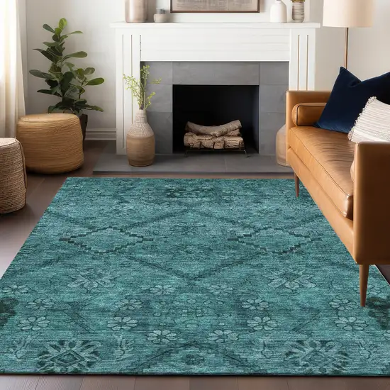 Teal And Gray Floral Washable Area Rug With UV Protection Photo 6