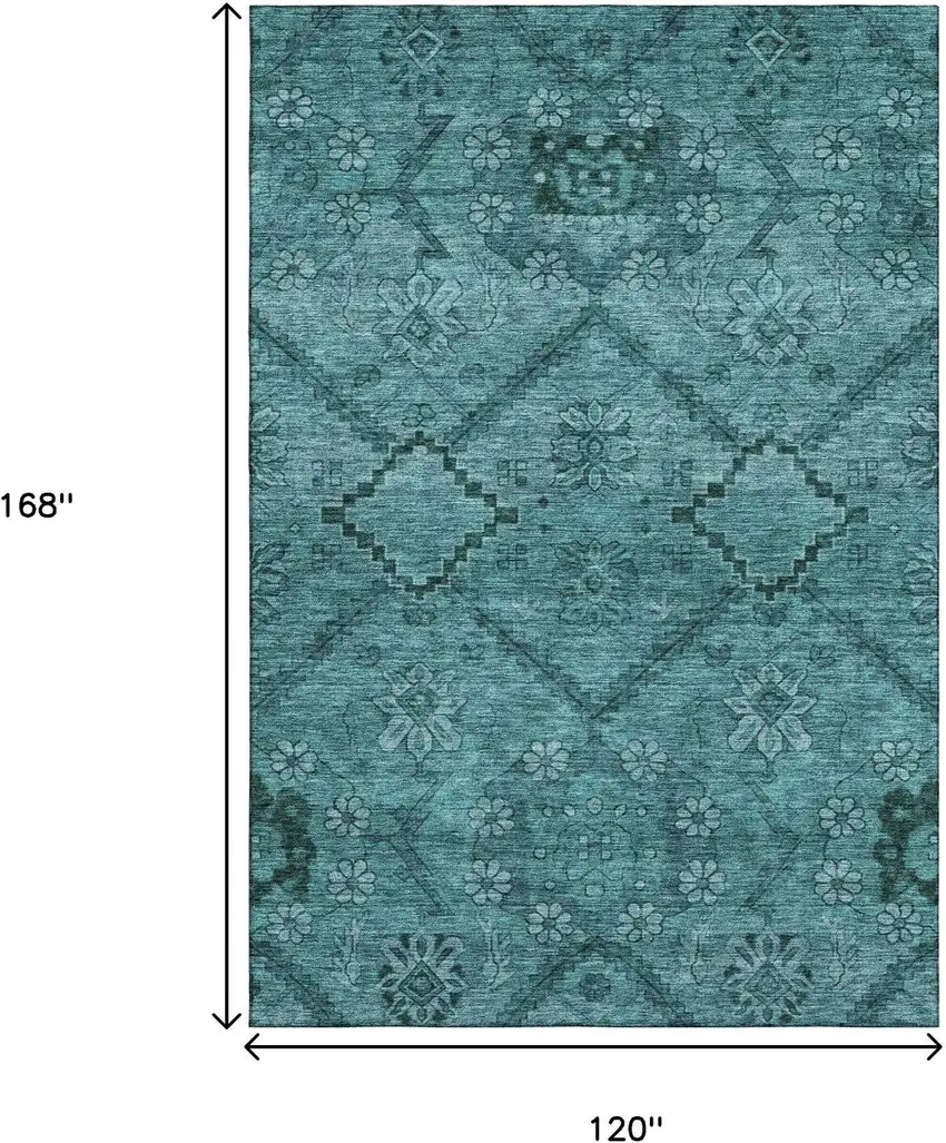 Teal And Gray Floral Washable Area Rug With UV Protection Photo 3