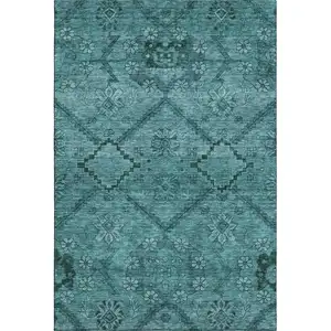 Photo of Teal And Gray Floral Washable Area Rug With UV Protection