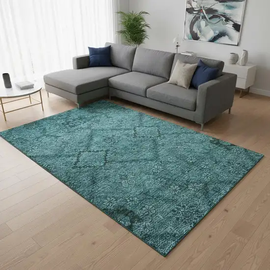Teal And Gray Floral Washable Area Rug With UV Protection Photo 2