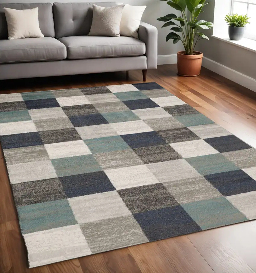Teal And Gray Geometric Power Loom Stain Resistant Area Rug Photo 1